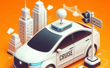 White Driverless taxi with word written - Cruise in orange background