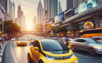 YELLOW ELECTRIC CAR MOVING IN A BUSY ROAD 