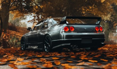 BACK VIEW OF A GRAY NISSAN SKYLINE 